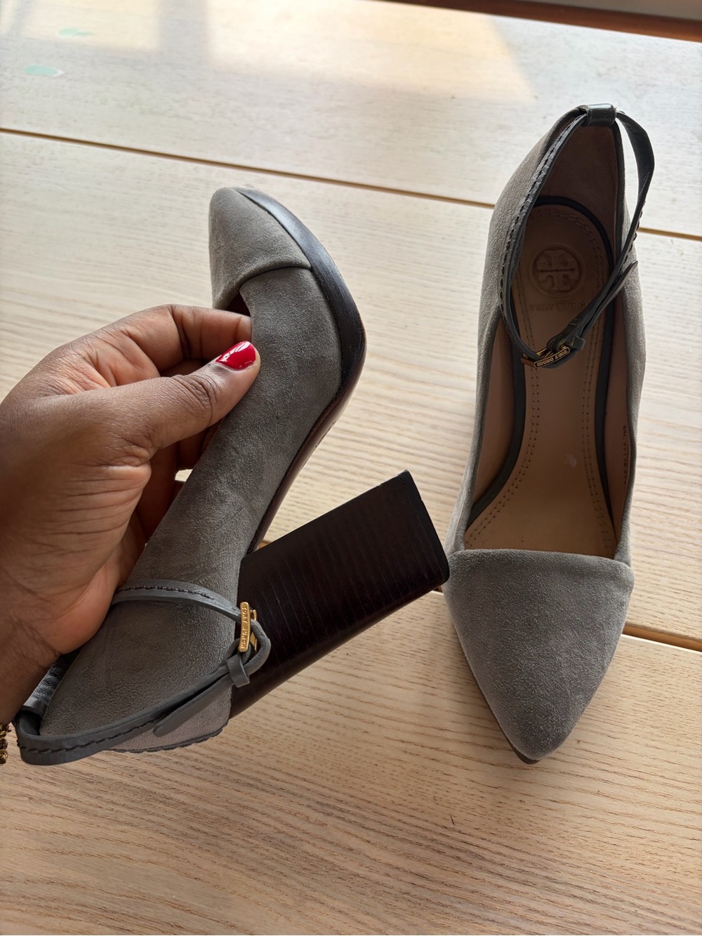 Tory Burch Gray Suede Pointed Toe Block Heel Pumps with Ankle Strap
